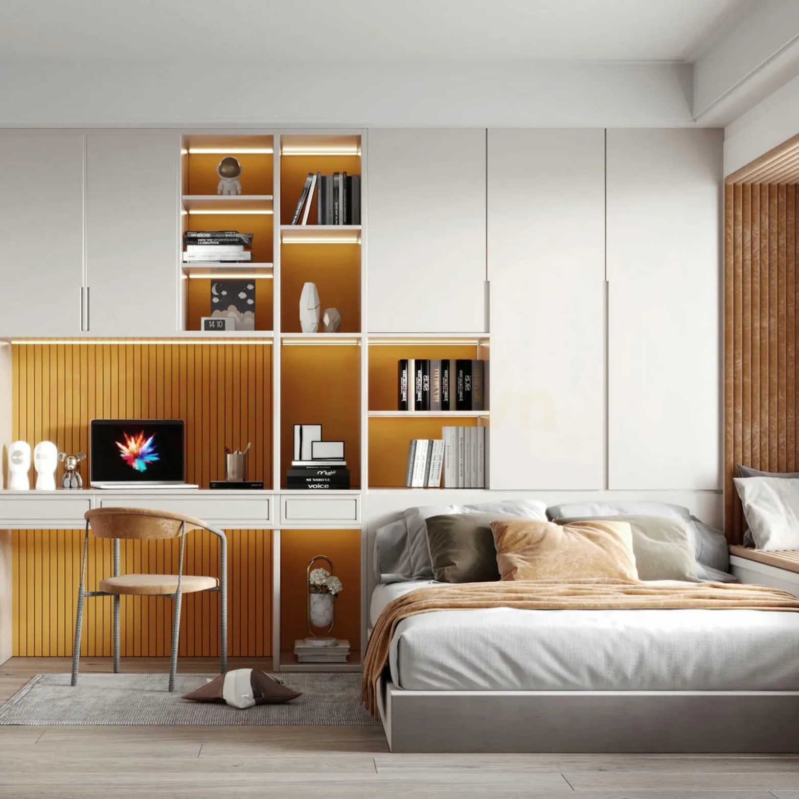 Combo Phòng Ngủ "Creative Workspace" - Gỗ MDF Melamine tích hợp bàn làm việc.