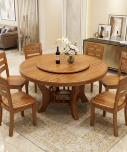 Bộ Bàn Ăn Phòng Bếp Gỗ Gõ Đỏ Mâm Xoay Chân Cong Nghệ Thuật