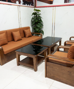Sofa gỗ sồi phủ óc chó 5 món có nệm – SF949