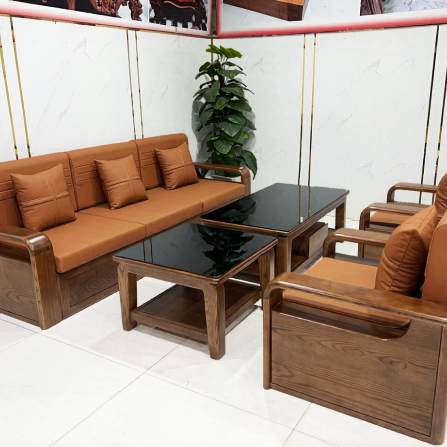 Sofa gỗ sồi phủ óc chó 5 món có nệm – SF949